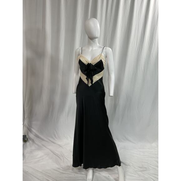 Loveshackfancy 'Serita' Black Lace-Trim V Neck Sleeveless Silk Maxi Slip Dress - Picture 2 of 5